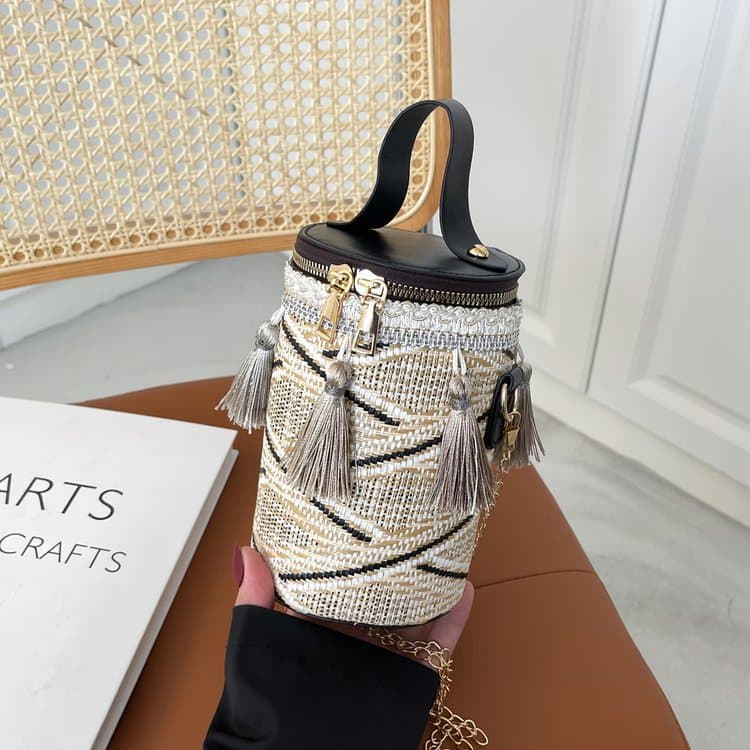 Ethnic Style Chain Handbag Straw Cylinder Small Shoulder Bag Small Fairy Tassel Bucket Bag