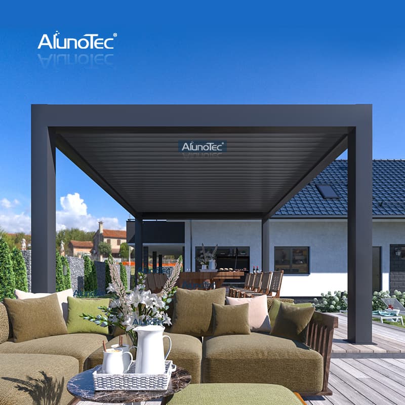 AlunoTec Waterproof Garden Canopy Freestanding Gazebo Designs Electric Pergola Roof with Frameless Sliding Doors