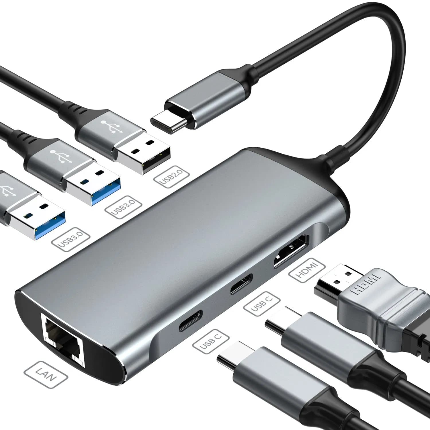 USB C Hub with HDMI, RJ45 LAN, 3 USB, and 100W Pd Charging for USB C Laptops and Switches
