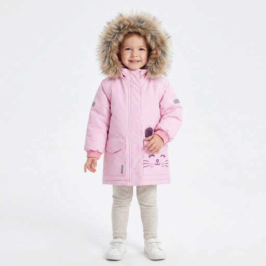 Winter Girls Pink Fur Trim Hoodie Cat Pocket Thick Parka Coat