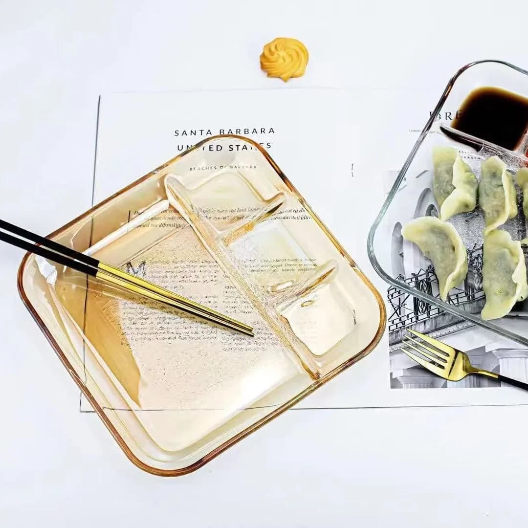 800g Square Tempered Glass Divided Dinner Plates for Meal Prep & Dining