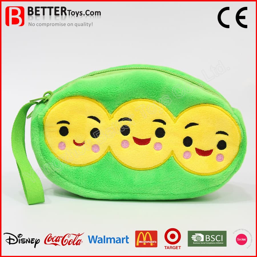 Smile Face Pea Double-Layer Zipper Soft Stuffed Plush Purse Wallet Handbag