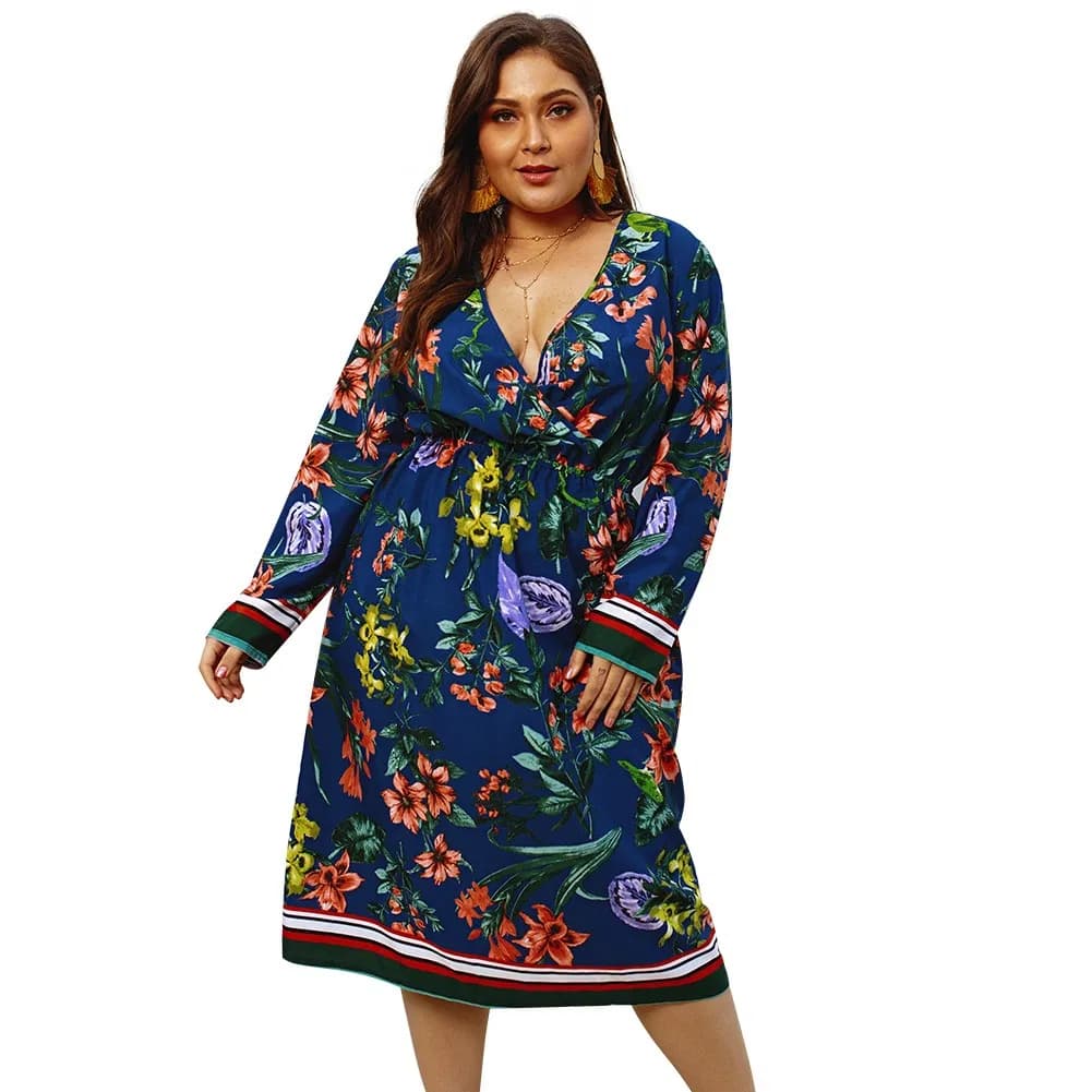 Ladies Plus Size New Arrival Fashion Vintage Printed Overlap Neck Dress