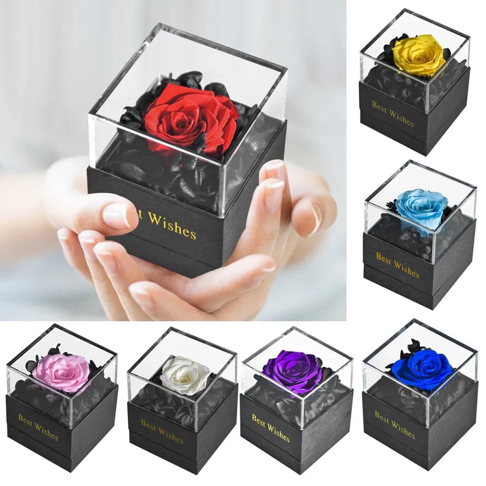 Valentines Mother Day Eternal Rose Preserved Rose Flowers in a Acrylic Box Preserved Roses with Love You Necklace Gift Set