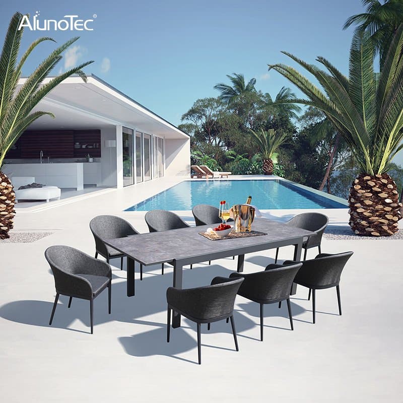 AlunoTec Modern Terrace White Rattan Outdoor Furniture 4 Seaters Restaurant Dining Chair Sets
