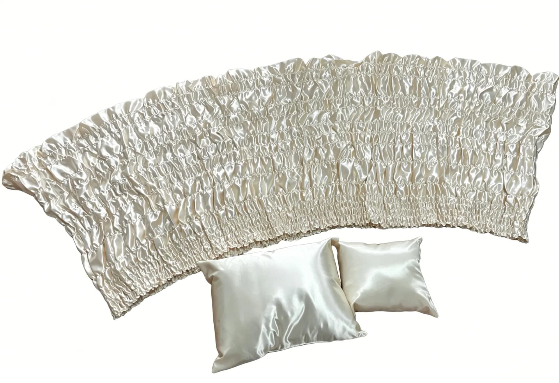 Champagne Satin Ruched Coffin Lining Set with 2 Pillows, Elastic Frilled Casket Interior Funeral Decoration for Adult Coffin