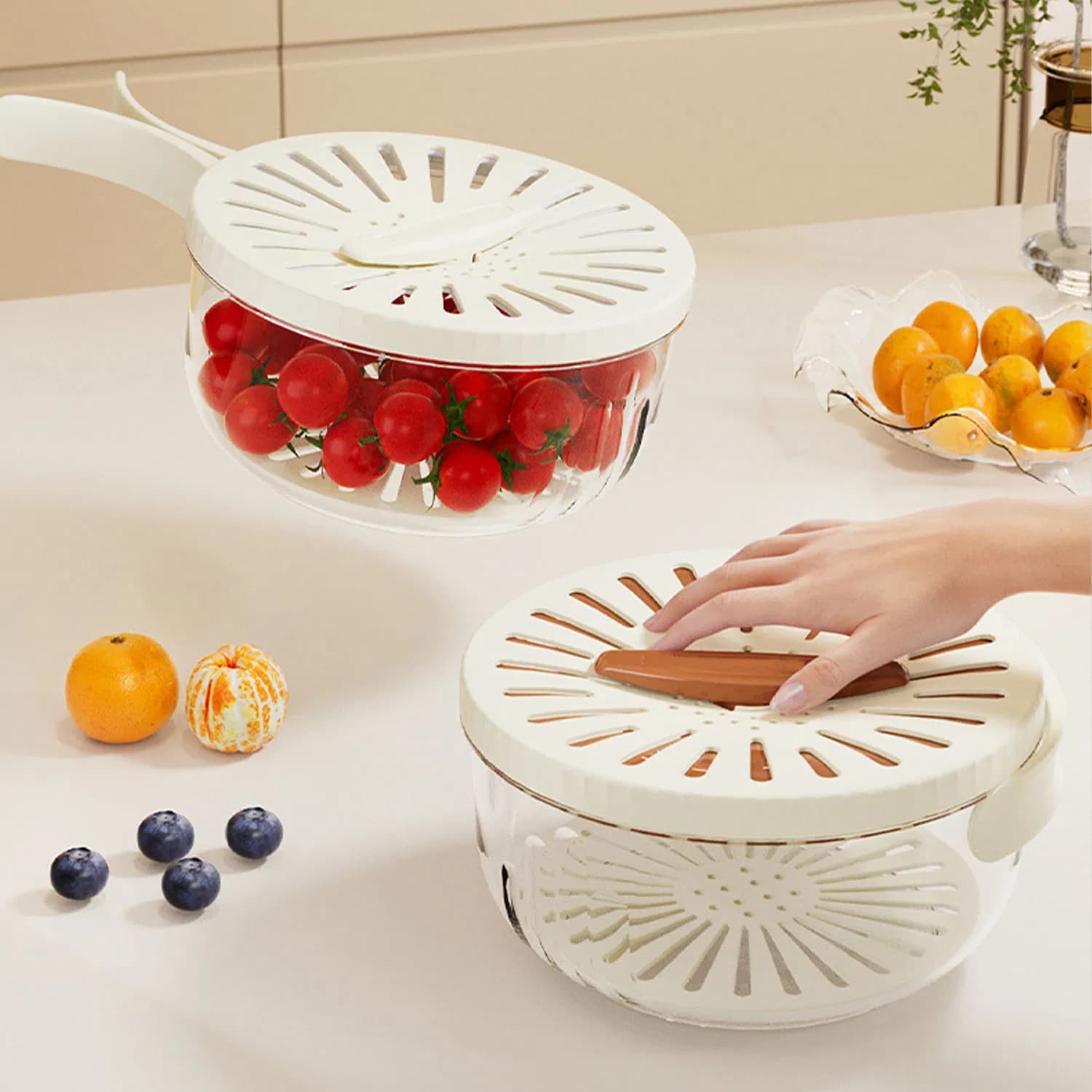 Multifunctional Double-Layer Vegetable Washing Drain Basket Salad Bowl with Foldable Handles and Lid