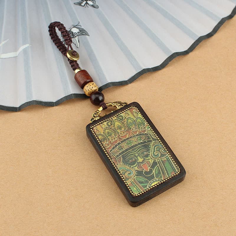 Vintage Peace Card Car Key Pendant Thangka Sandalwood Pendant Key Chain Creative Anti-Loss Hanging Jewelry Tibetan Drum Alloy Tassel Pendant Car Accessories