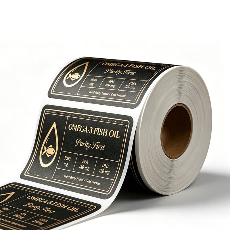 Custom Gold Hot Stamping Foil Fish Oil Bottle Adhesive Label Roll Waterproof Self-Adhesive Supplement Vitamin Health Care Bottle Private Brand Sticker Custom Si