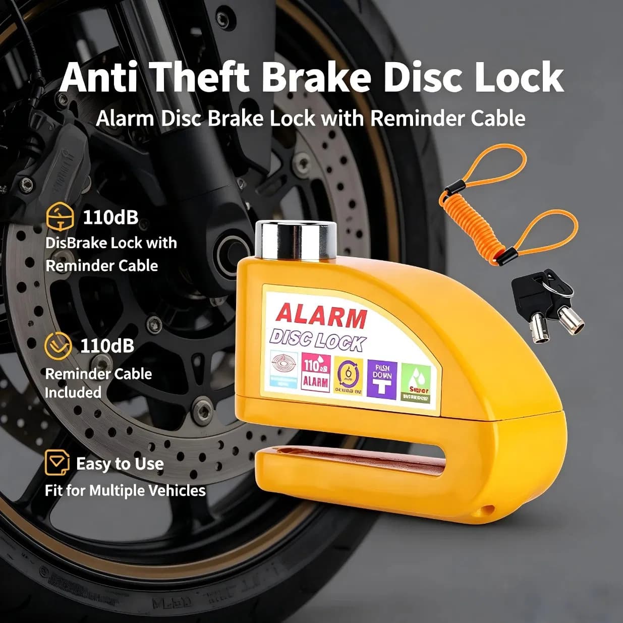Alarm Brake Disc Anti-Theft Lock with Reminder Wire for Bicycles, Mountain Bikes, Motorcycles & Scooters