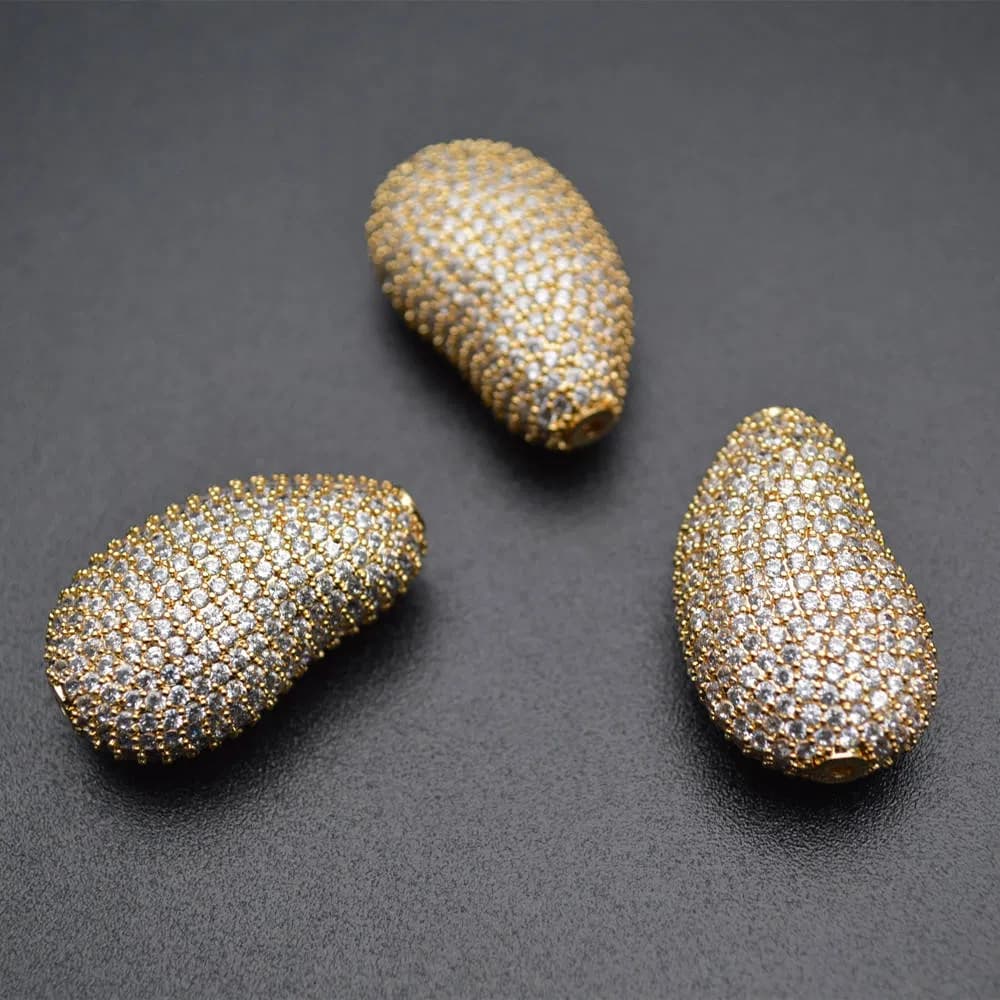 Big 18X30mm Paved CZ Metal Broad Bean Shape Loose Beads Jewelry Findings