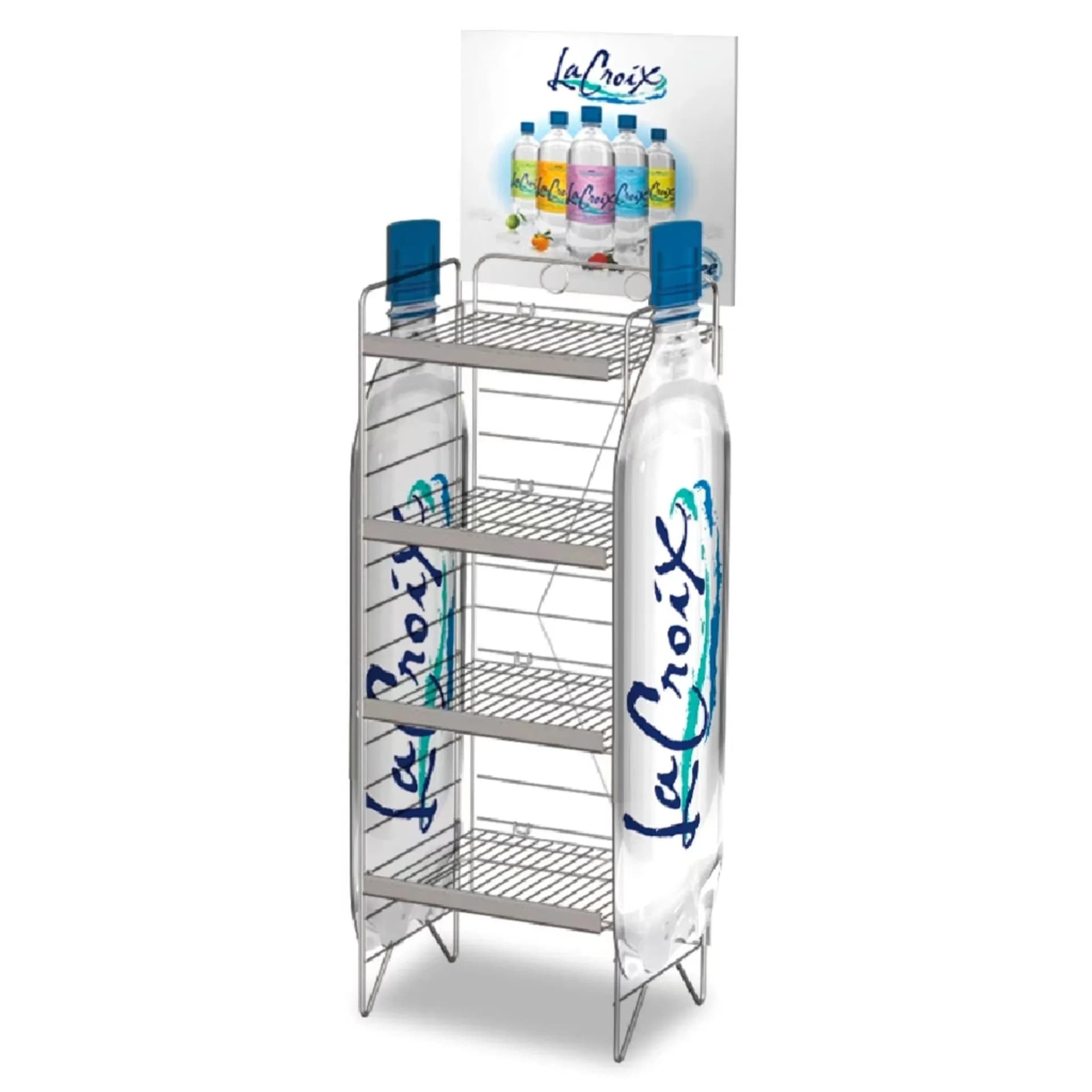 Bottle Shaped Metal Wire Sparkling Water Display Rack 4-Tier Floor Standing Display Stand for Carbonated Beverages