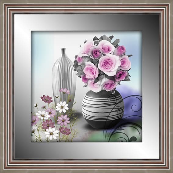 Bd-3541c 3D Flower Framed Painting with Mirror Border Silver Frame for Home Decoration