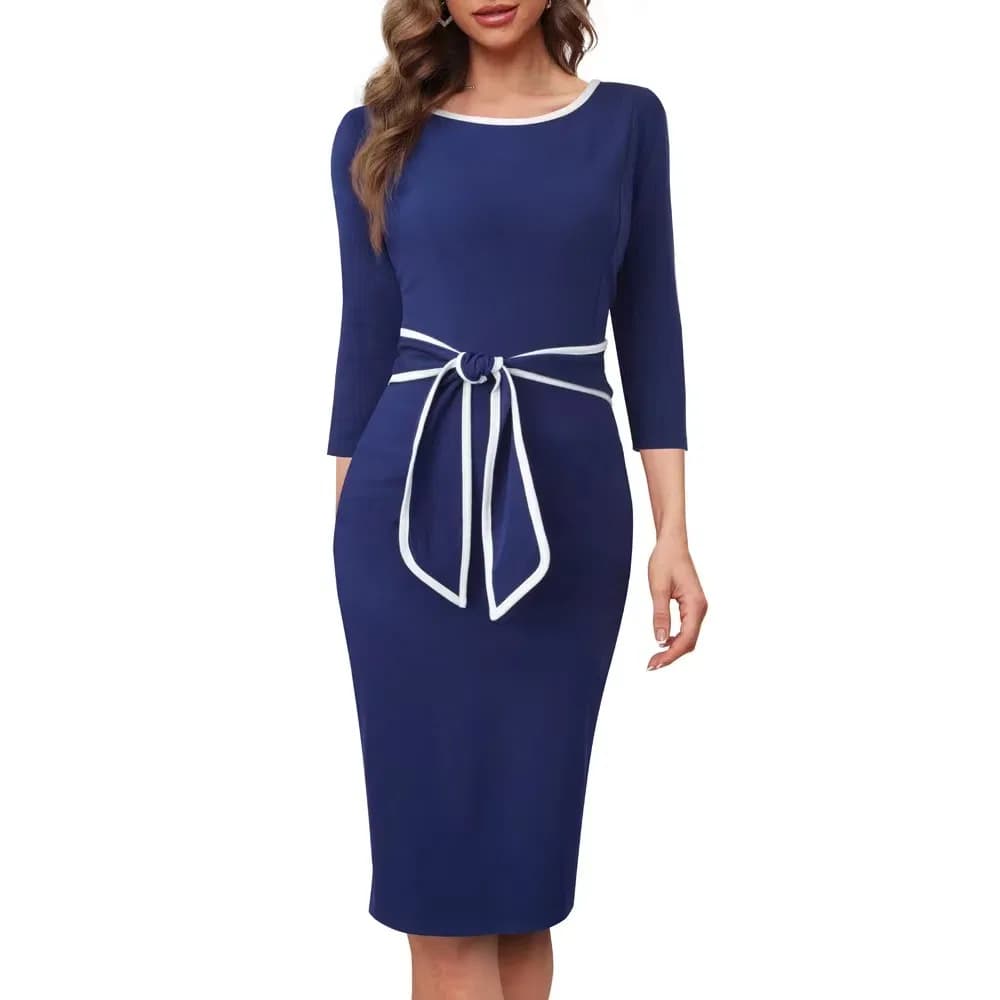 Autumn New Arrival Knitted Apparel Contrast Color Round Neck Half Sleeve Fitted Dress with Belt