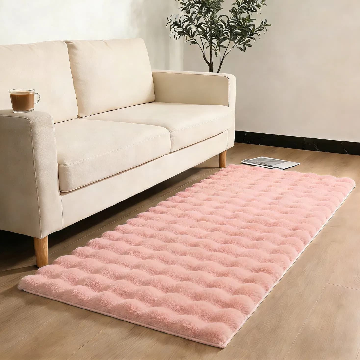 Pink Faux Rabbit Fur Bubble Home Healing Relaxed Vibe Comfortable Fluffy Rug