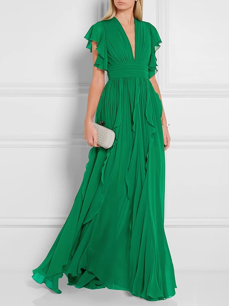 French Vintage Classic Green Chiffon V-Neck Elegant Ruffle Gather Slim Party Maxi Dress