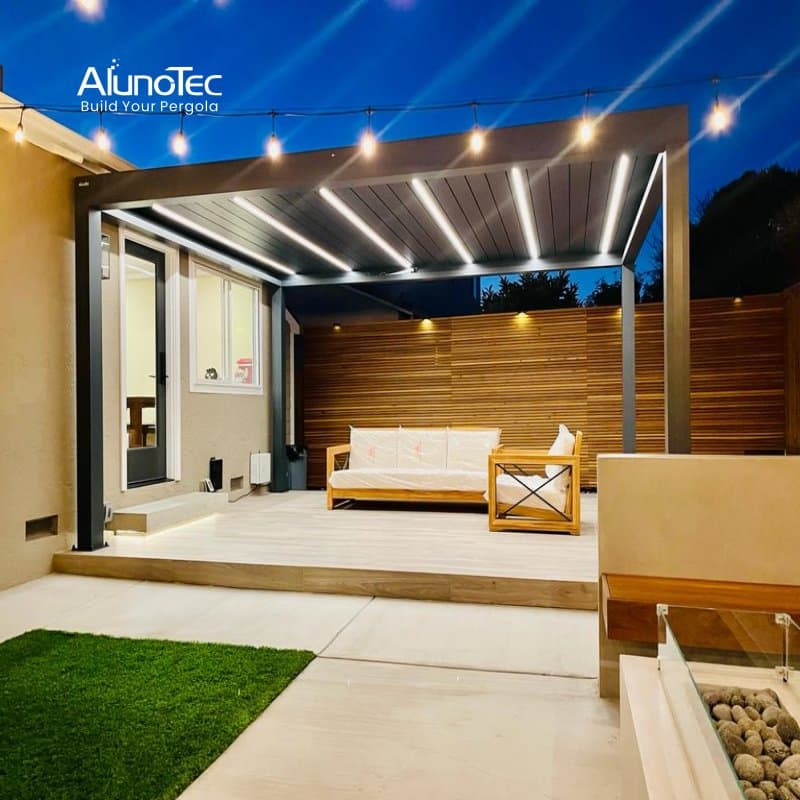 AlunoTec Bespoke Waterproof Luxury Backyard Gazebo Canopy Prefabricated Building Garden Louvers Motorized Awning Bioclimatic Solar Pergola with Shade Screen