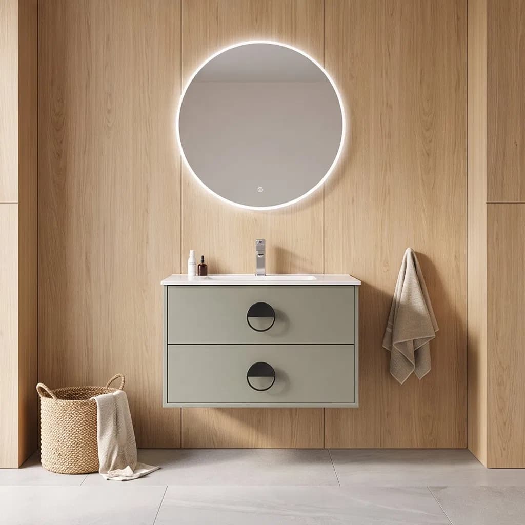 Wholesale Green Furniture Bathroom Cabinet Vanity with LED Light Ceramic Basin