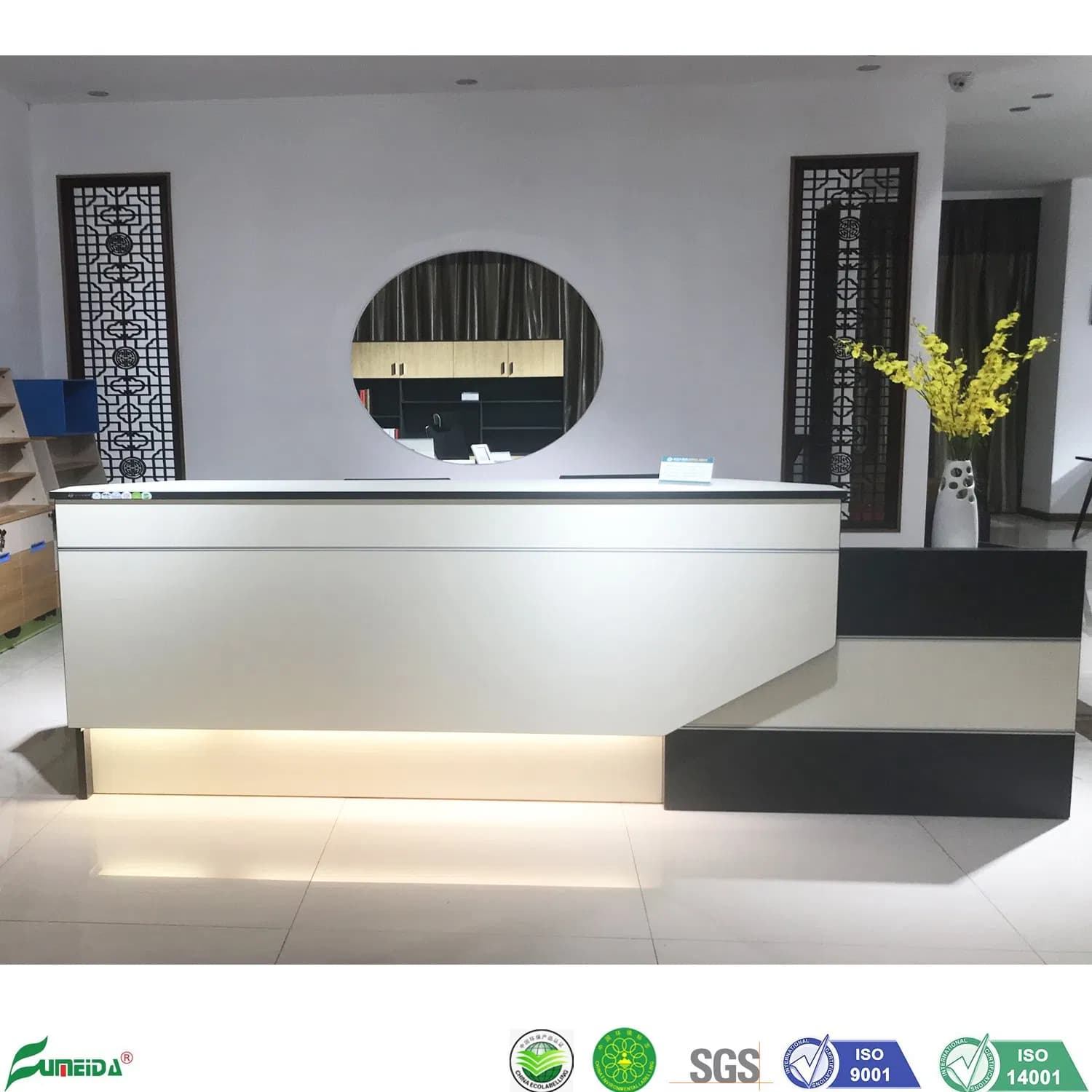 Gold Teak Melamine Color LED Light Modern Reception Desk