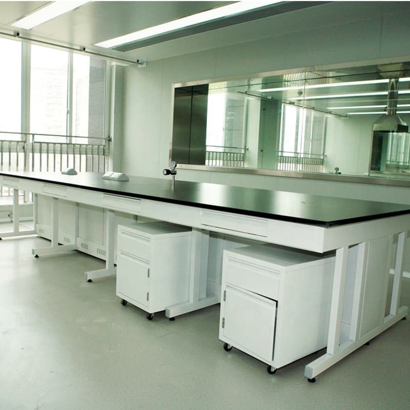 Acid Resistance Chemistry Physical PP Metal Wooden Central Lab Bench for Hospital School with Reagent Shelves
