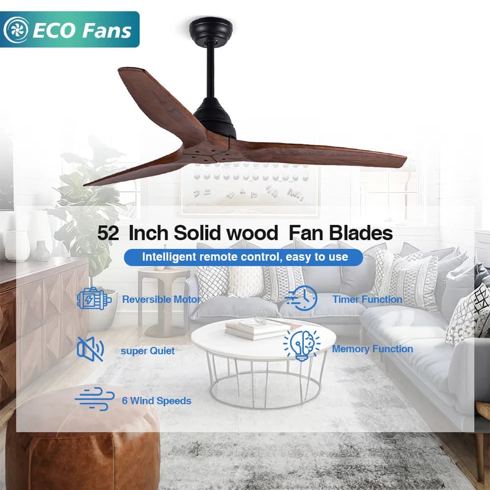 52"Solid Wood Blade Ceiling Fan Decorative Hanging Fans with Remote Control for Living Room
