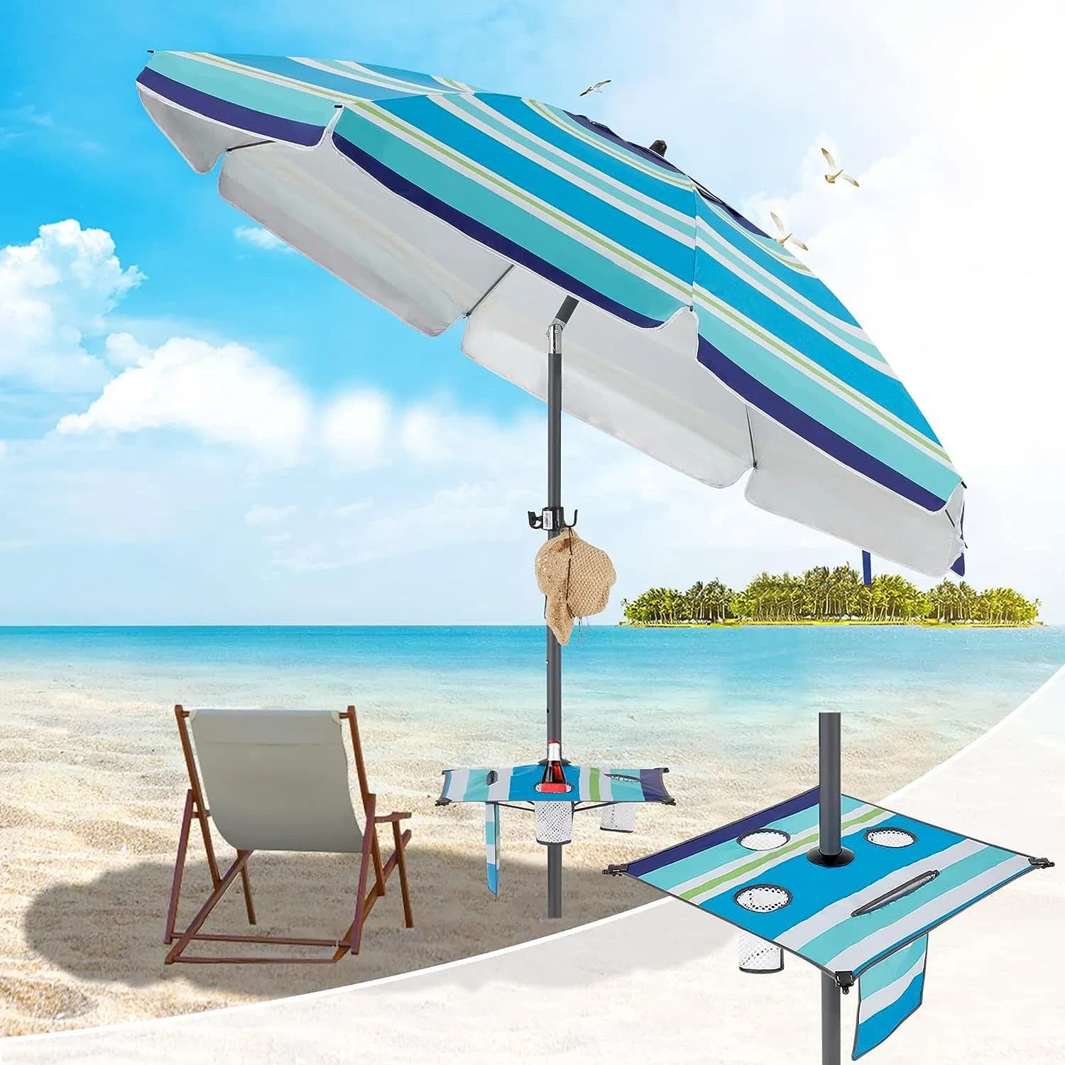 Outdoor Waterproof Polyester Adjustable Tilt Hook up Folding Table Sun Beach Umbrella Parasols