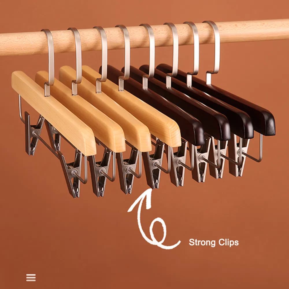Customized Wooden Bottom Clothes Hanger of Lotus Wood with Glossy Flat Hook&Nickel Trousers Clips in Natural/Dark Brown/White/Black/Walnut Color for Pants/Jeans