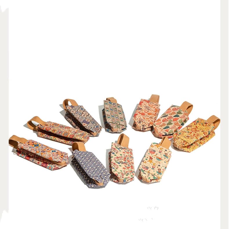 Vintage Floral Print Cork Pencil Pouch Portable Wrist Strap Student Stationery Organizer Cork Pencil Bag
