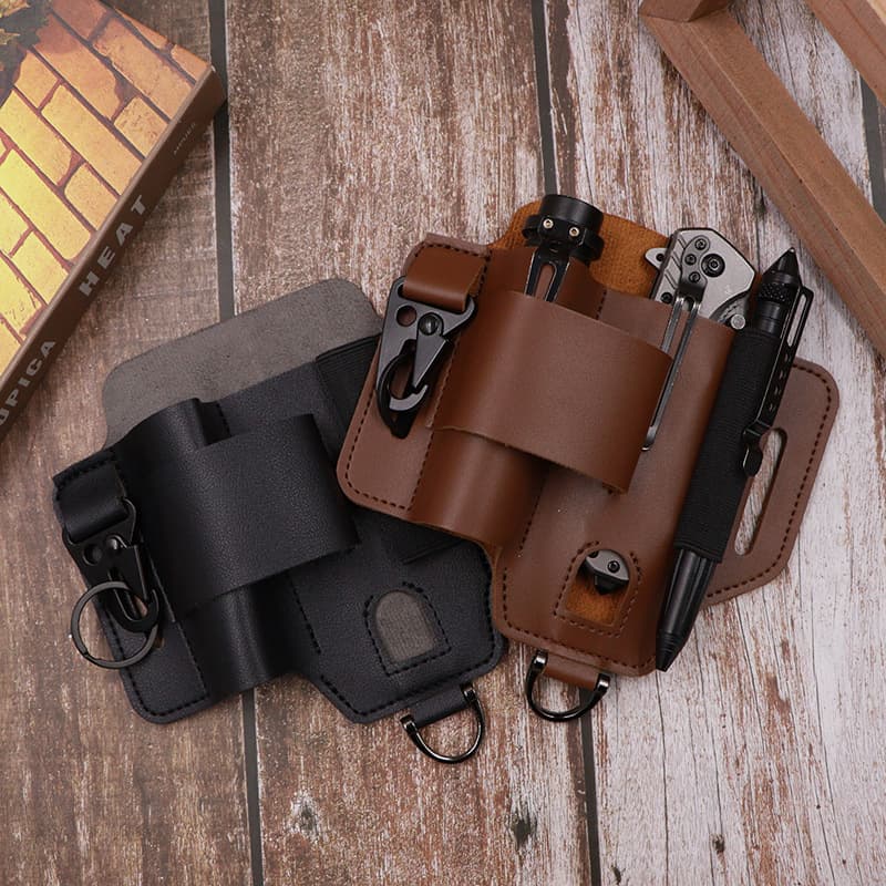 Leather Belt Tool Pouch with Dual Slots Portable Tactical Pen & Knife Quick Draw Holster Leather Tool Pouch