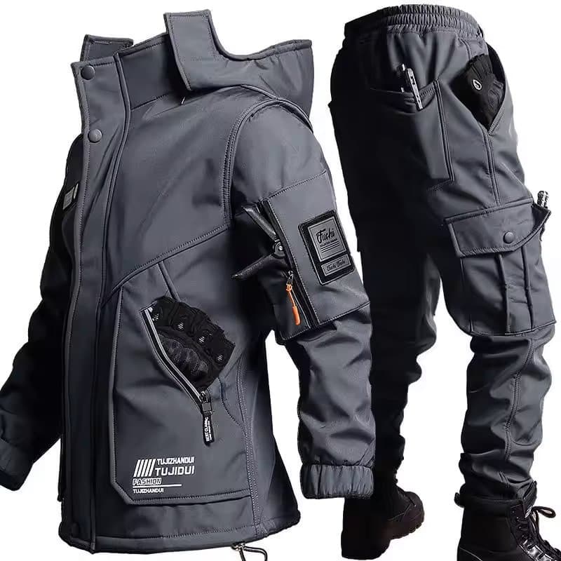 Men Winter Tactical Softshell Jacket Set Camouflage Fleece Waterproof Hiking Detachable Hooded Uniform Long Pant Suit