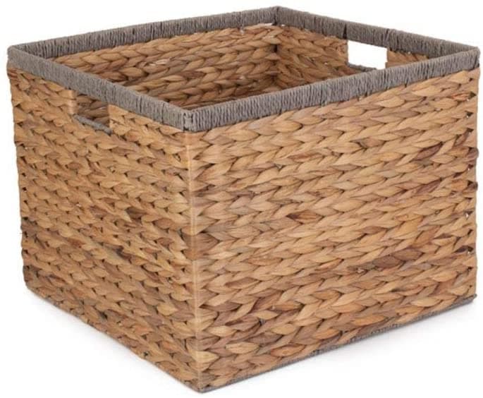 Square Water Hyacinth with Grey Rope Border Storage Basket
