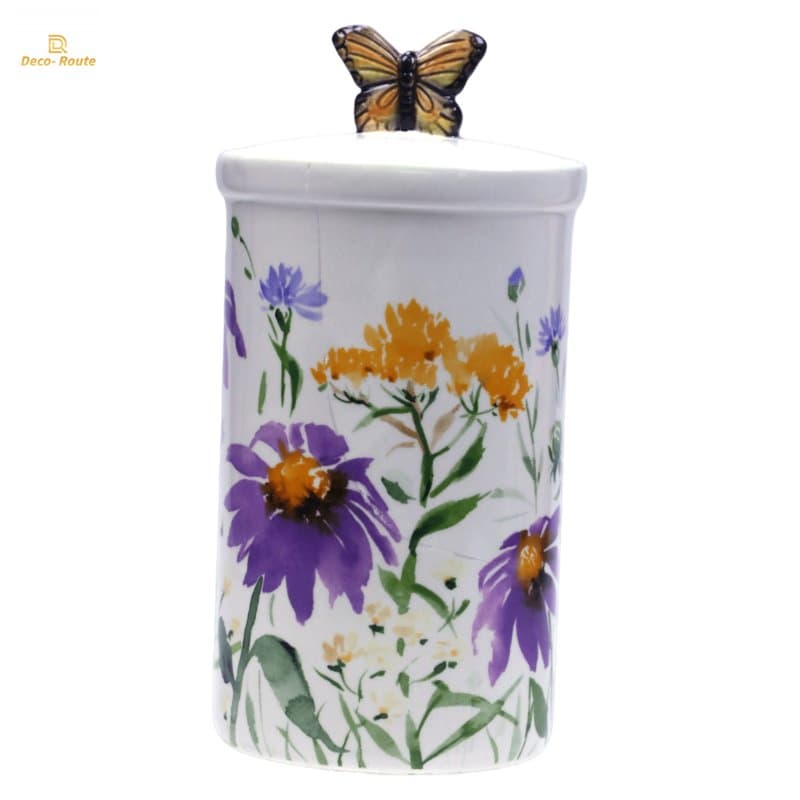 Large Butterfly & Wildflower Ceramic Canisterpurple Yellow Wildflower Print Orange 3D Butterfly Lid Ceramic Craft Home Craft Storage Canister