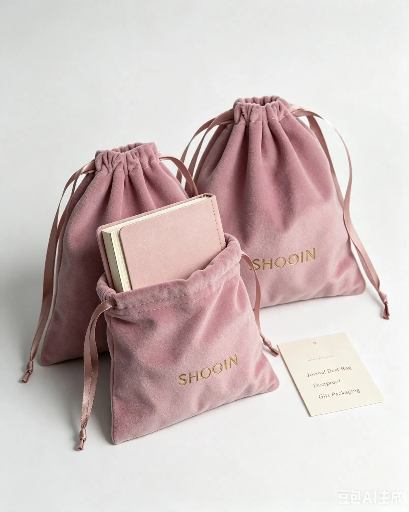 Custom Shooin Gold Print Velvet Drawstring Dust Bag for Journal Hand Account Packaging