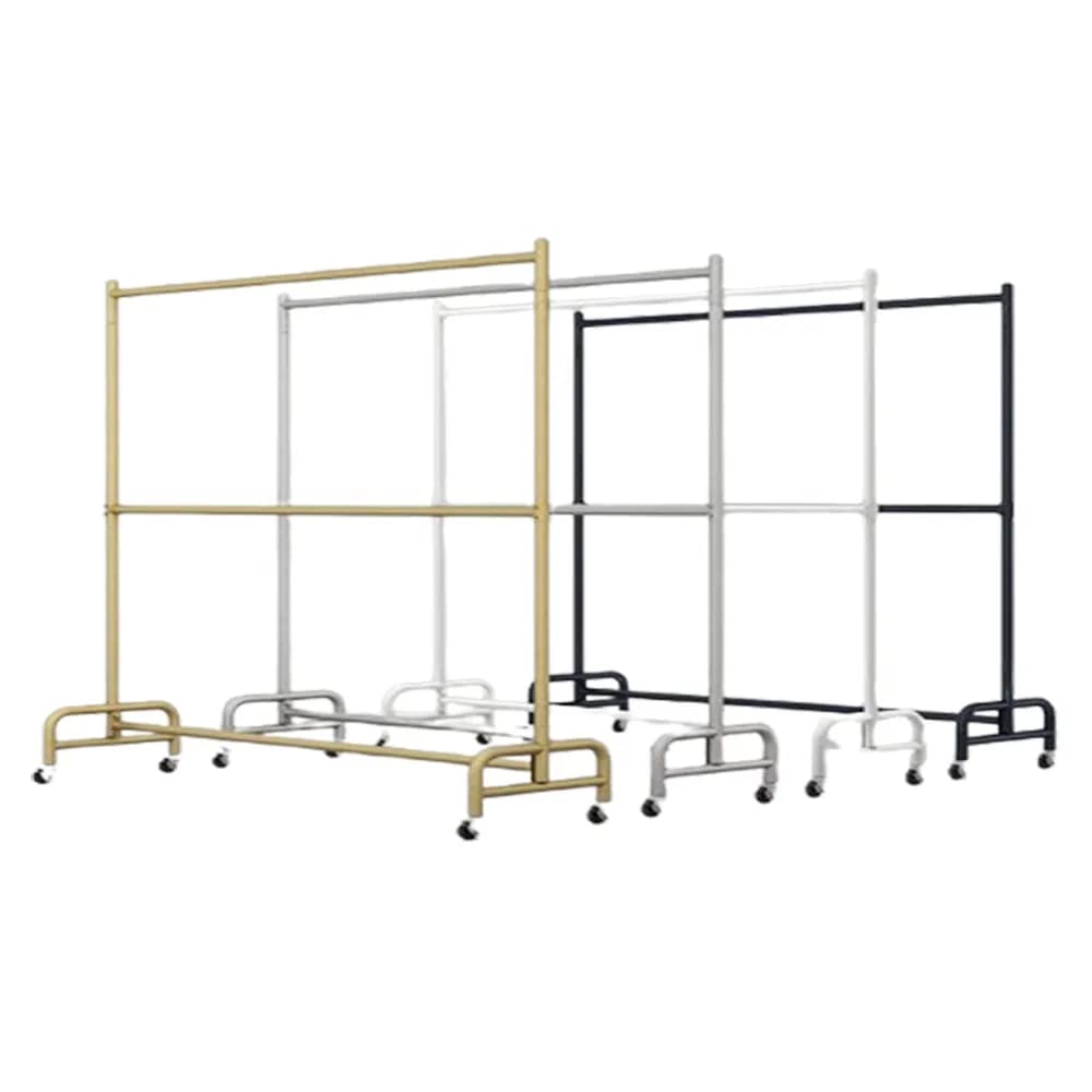 Doubie/Single-Layer Floor Type Movable Adjustable Clothes Racks in Black/White/Golden/Silver with Carrying Layer Board and Wheels Made of Ironwork/ for Storage