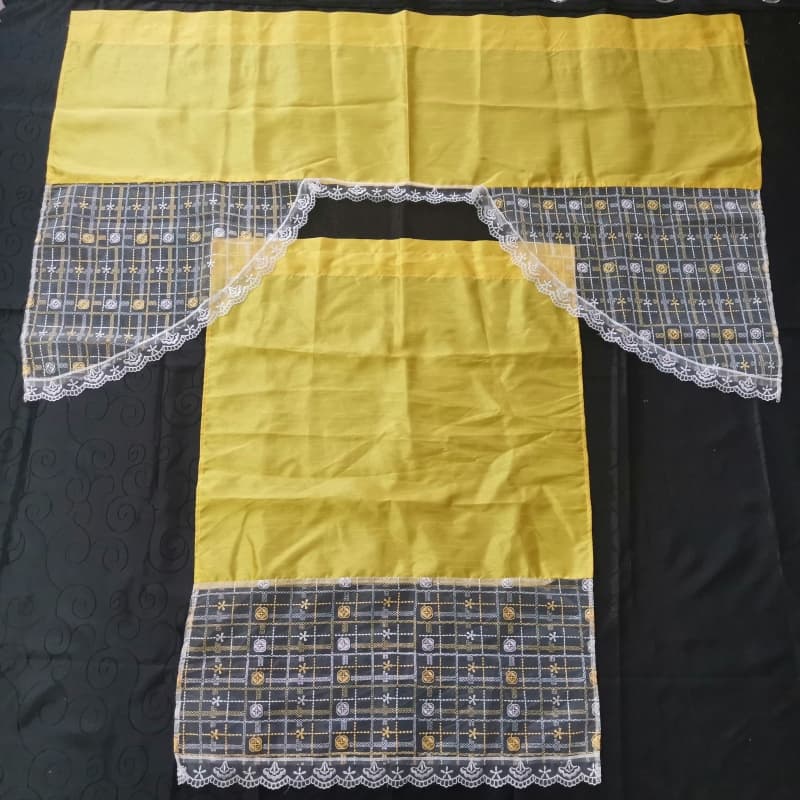 100% Polyester Digital Printed Kitchen Curtain Set Yellow with Lace and Checkered Pattern