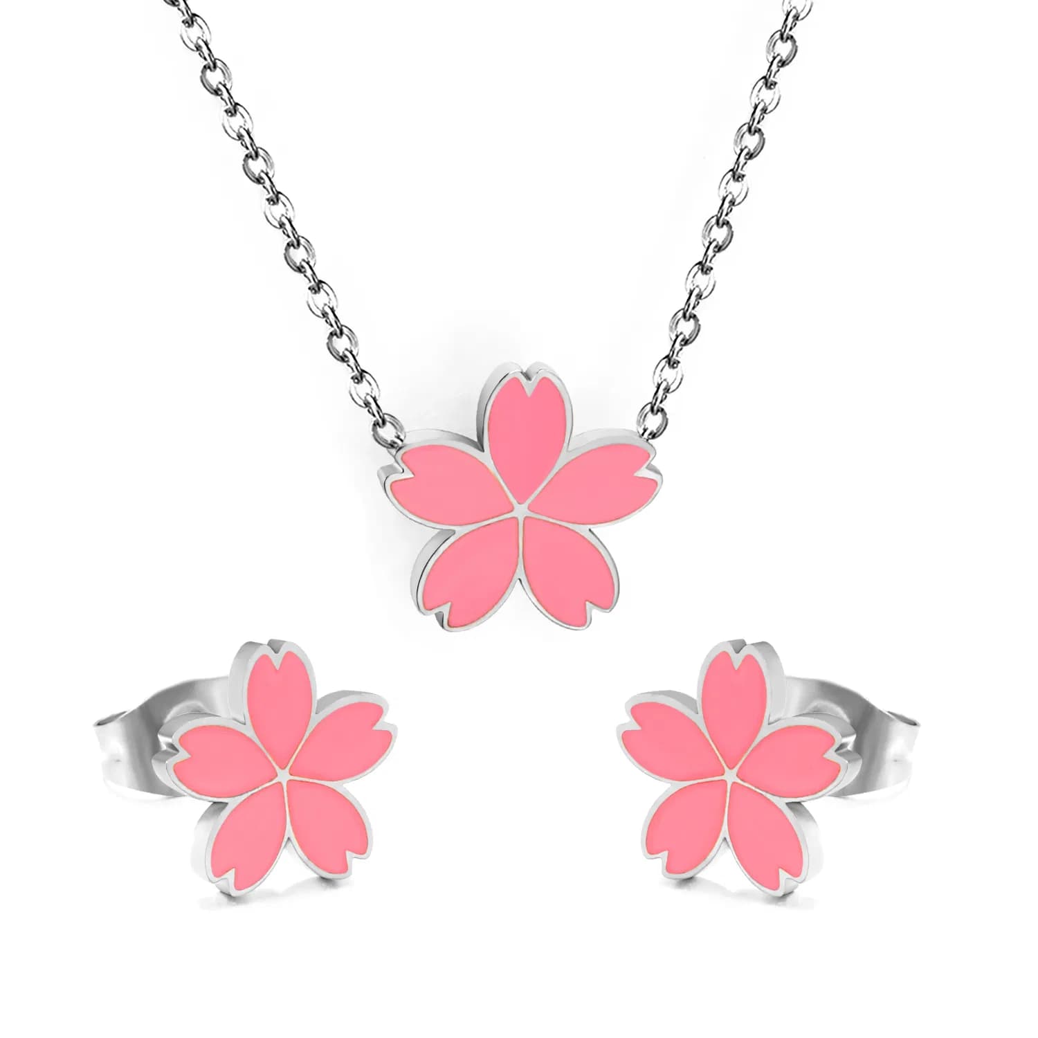Ason Jewelry Cute Earrings and Necklace Pink Enamel Cherry Blossom Jewelry Set