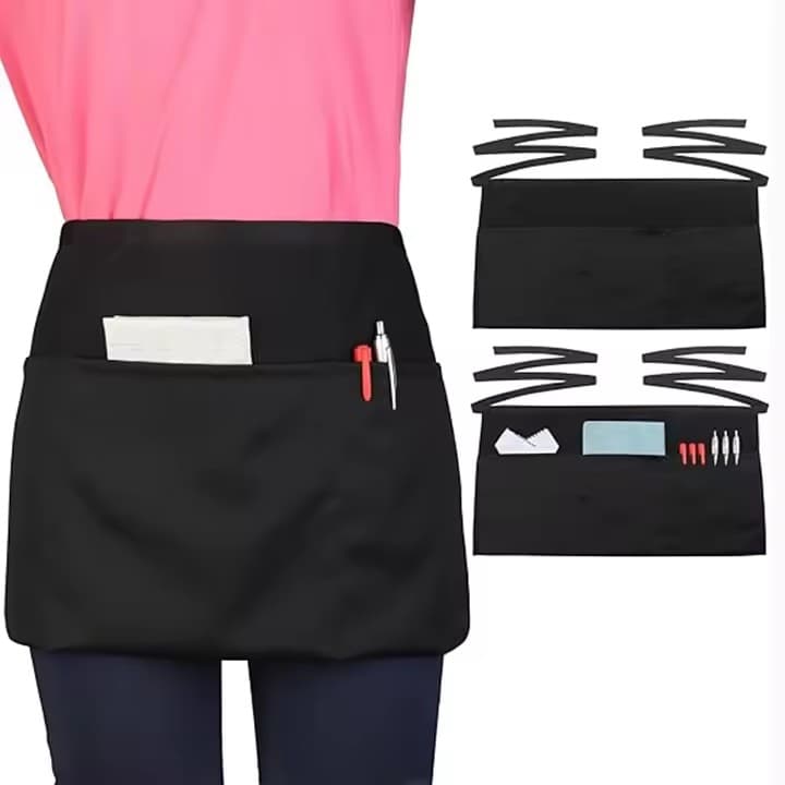 Custom Polyester Waist Sleeveless Server Aprons Women Men 3 Pockets Waiter Half Short Apron