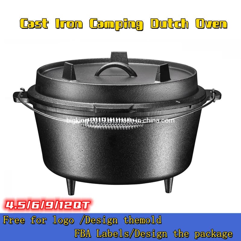 Pre-Seasoned Cast Iron Dutch Oven with Flanged Lid Iron Cover, for Campfire or Fireplace Cooking, Flat Bottom 6-Quart