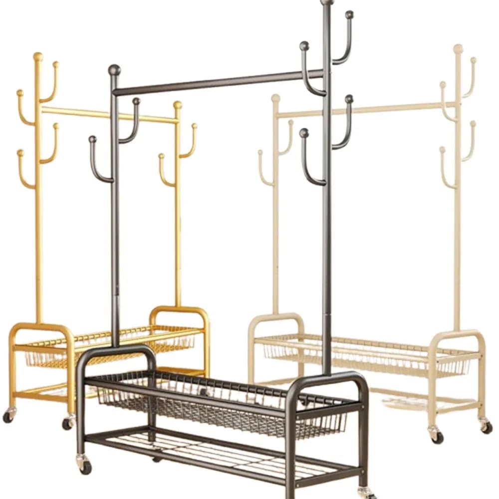 High-Quality Movable Floor Type Coat Hanger in Matte/Glossy Black/White/Golden/Silver with Wheel Savings Basket Made of Metal for Bedroom Clothes / Storage Rack