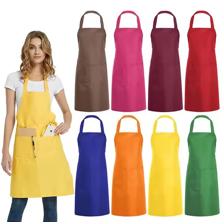 Custom Logo Plain Color Polyester Apron with Front Pocket Chef Cafe Food Cooking Cleaning Bib Aprons