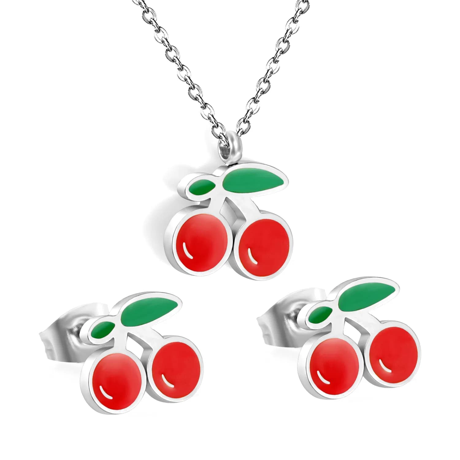 Ason Jewelry Kid's Earrings and Necklace Set Red Enamel Cherry Jewelry Set