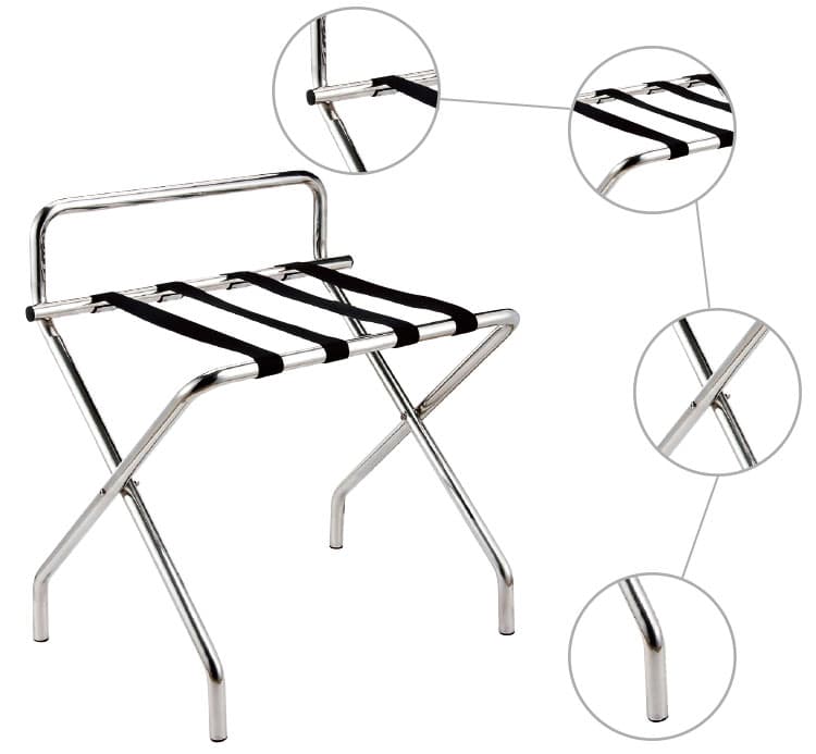 Chrome Finishing Silver Stainless Steel Hotel Gold Foldable Hotel Home Black Straps Luggage Rack with Back