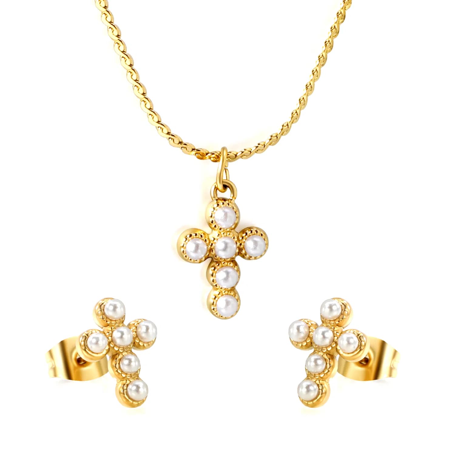 Ason Fashion Earrings and Necklace Stainless Steel Pearl Cross Jewellery Set