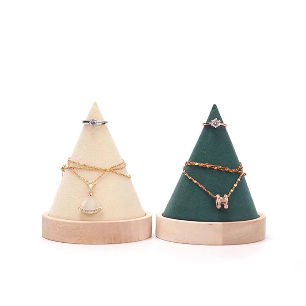 Fashionable Conical Customized Luxurious Wooden Bracelet/Ring Props in Green/Gray/White Velvet for Shop Jewelry Display