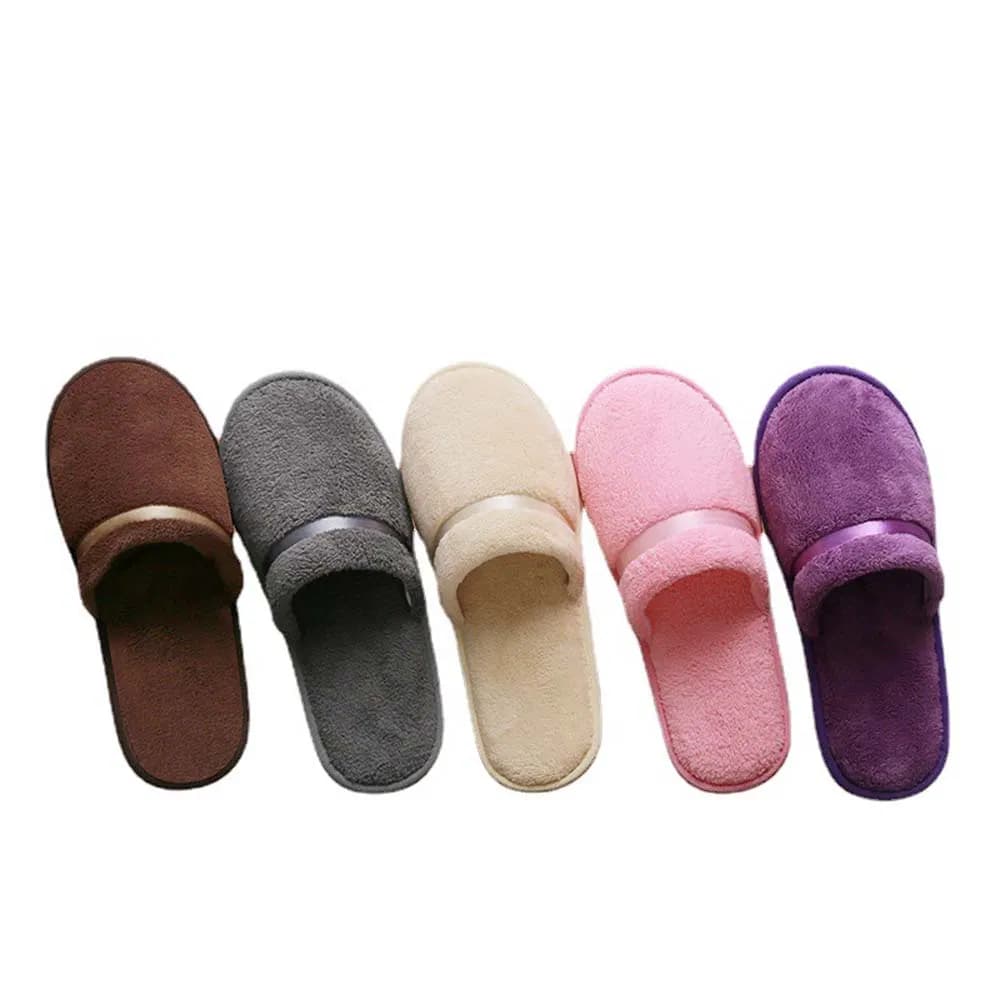 Low-Cost Soft Fluffy Plush Terry Towel Disposable Closed Toe Male/Female/Kids Slippers in Gray/Brown/Pink/Purple/Blue/Cream for Hotel/Beauty Salons/Homestays