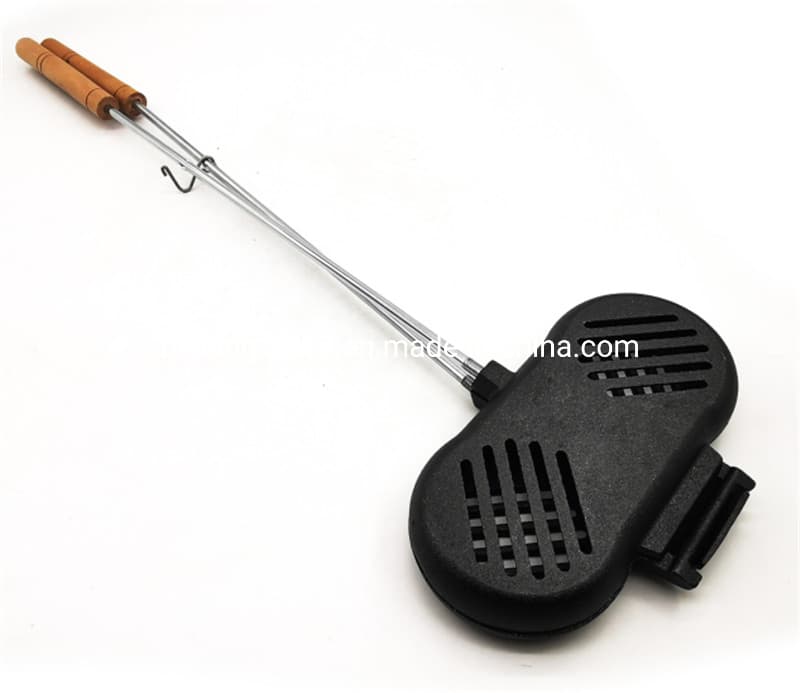 Long Handheld Square Cast Iron Burger Cooker and Broiler with Two-Part Hinge for Toasting Sandwiches