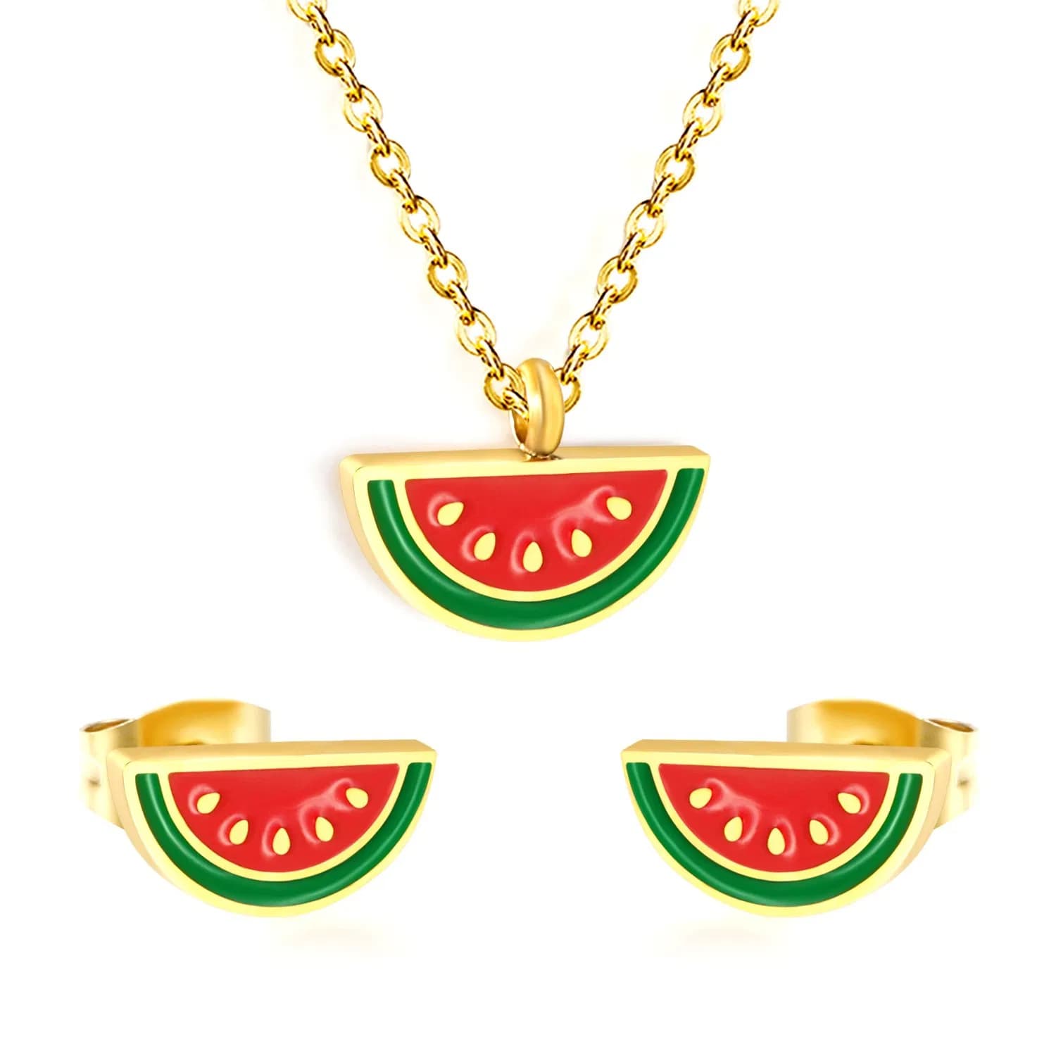 Ason Cute Children's Stainless Steel Earrings and Necklace Watermelon Jewellery Set