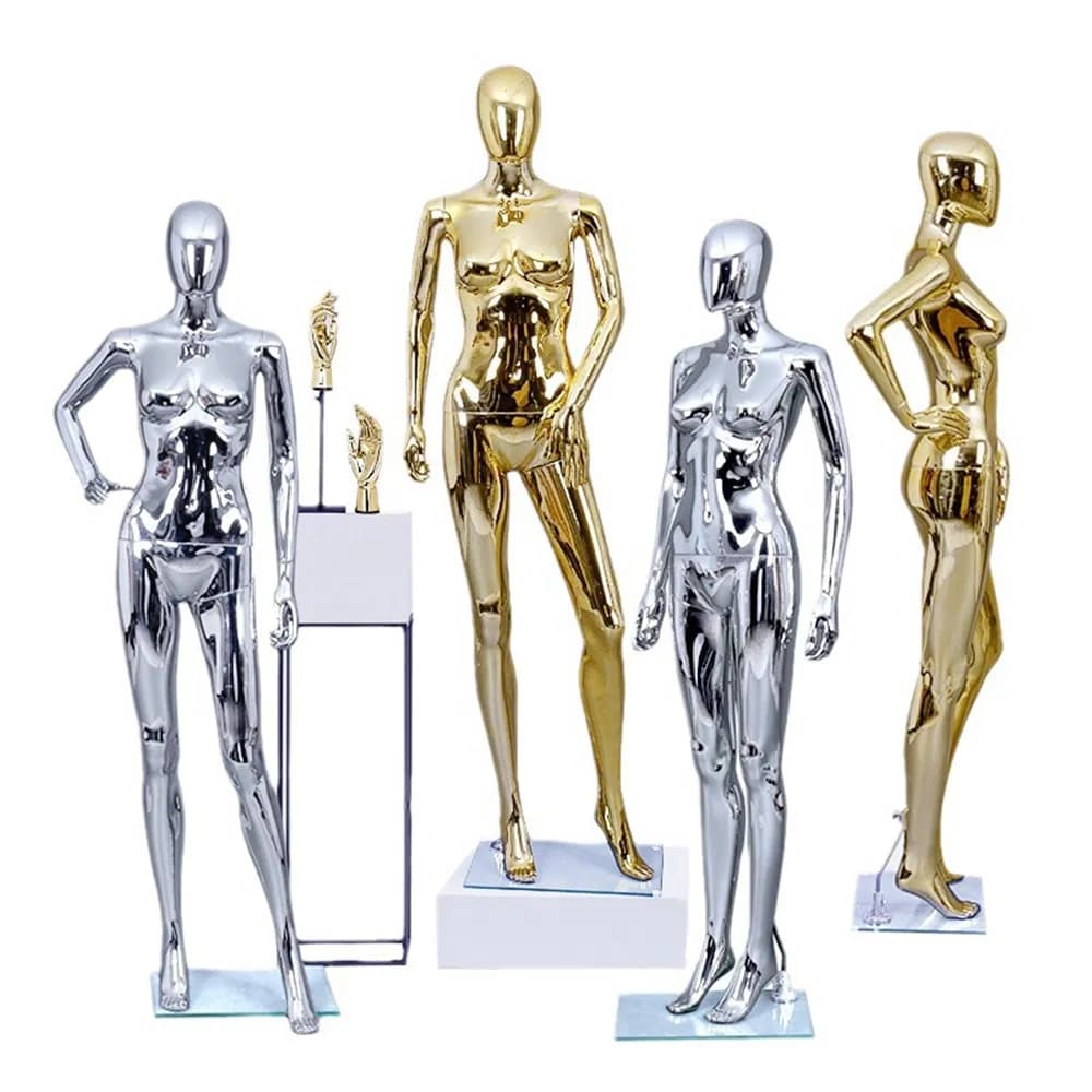 High Grade Full-Body Plating Chrome Mannequin in Glossy Gold/Silver Made of Fiberglass/Metal with Square/Round Glass/Metal Base for Male/Female Clothing Display