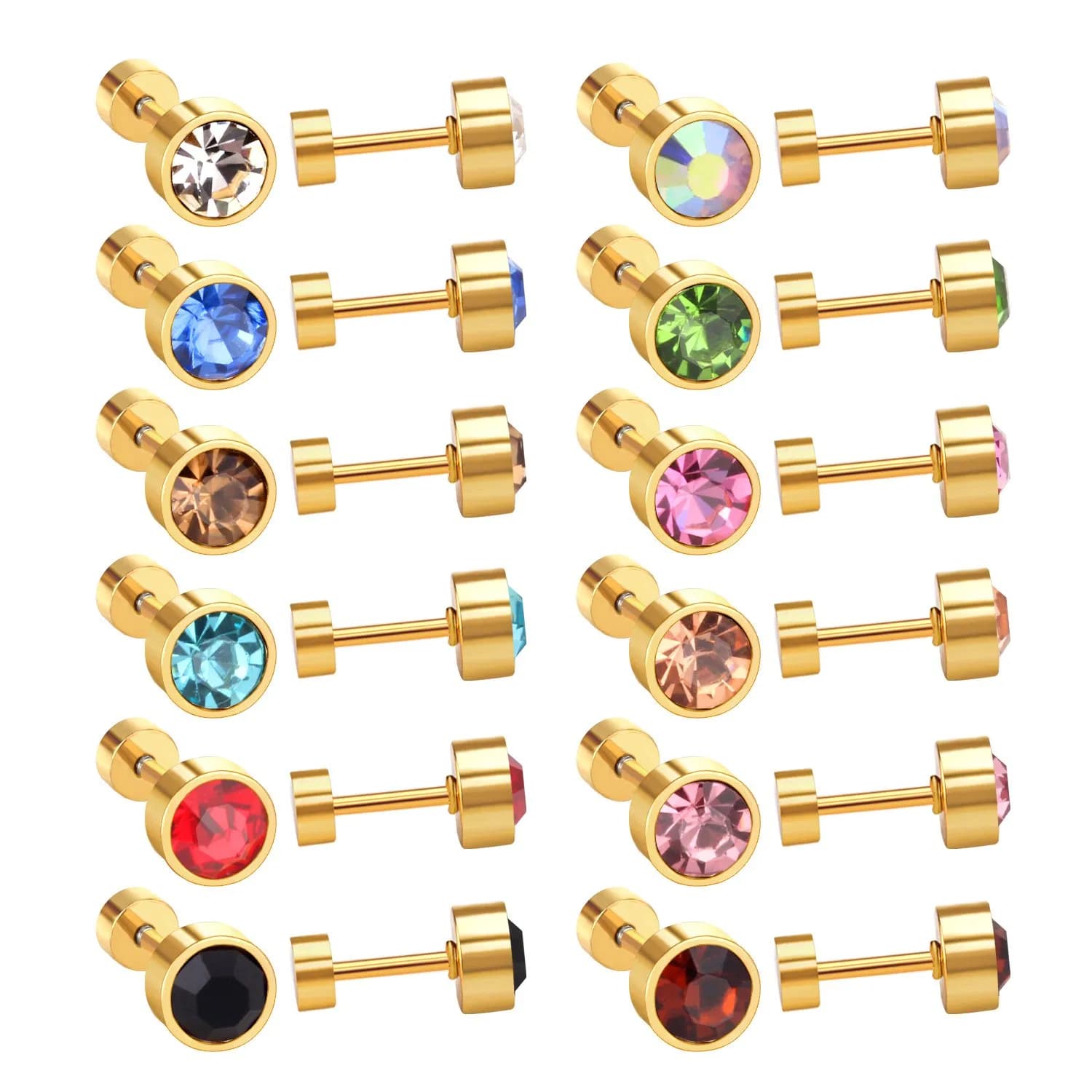 Hypoallergenic Kid Jewelry 6mm Mixed Color Zircon Screw Plug Stud Earrings Stainless Steel Earrings