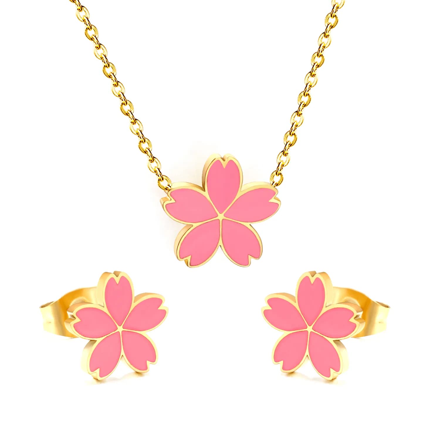 Ason Cute Stud Earrings and Pendant Necklace Pink Enamel Flower Jewelry Set